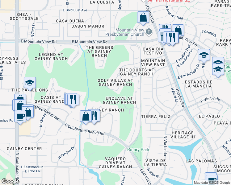 map of restaurants, bars, coffee shops, grocery stores, and more near 7878 East Gainey Ranch Road in Scottsdale