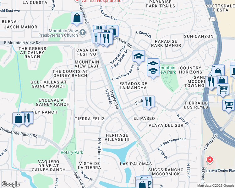 map of restaurants, bars, coffee shops, grocery stores, and more near 9020 North 83rd Street in Scottsdale
