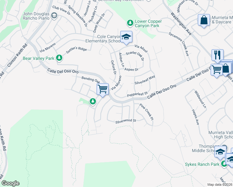 map of restaurants, bars, coffee shops, grocery stores, and more near 23674 Pepperleaf Street in Murrieta