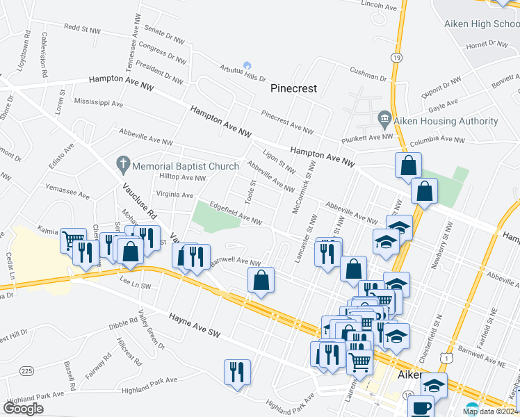 map of restaurants, bars, coffee shops, grocery stores, and more near 825 Dillon Avenue Northwest in Aiken