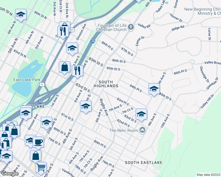 map of restaurants, bars, coffee shops, grocery stores, and more near 527 83rd Place South in Birmingham