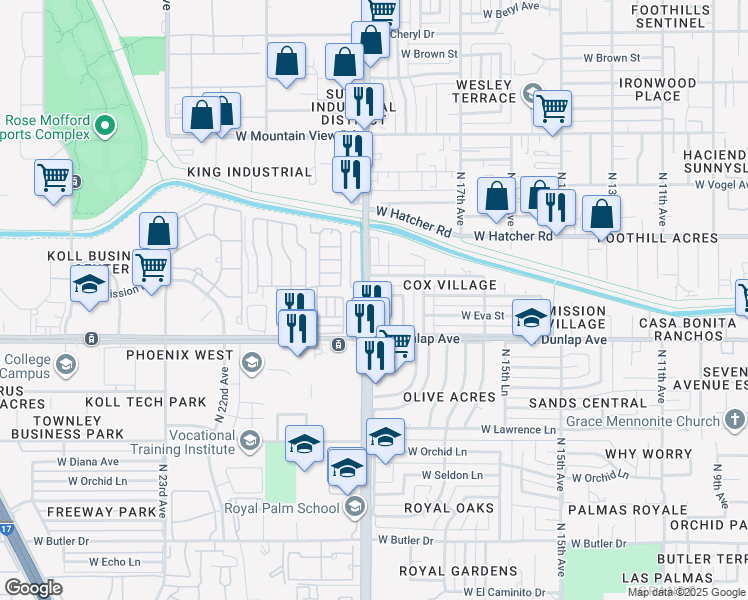 map of restaurants, bars, coffee shops, grocery stores, and more near 1845 West Mission Lane in Phoenix