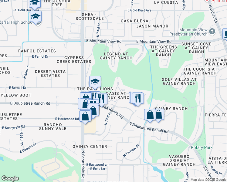 map of restaurants, bars, coffee shops, grocery stores, and more near 7222 East Gainey Ranch Road in Scottsdale