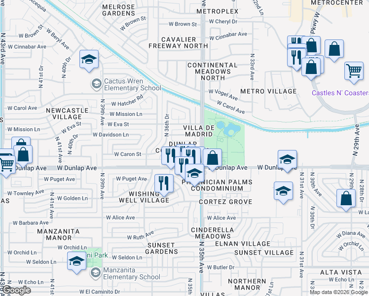 map of restaurants, bars, coffee shops, grocery stores, and more near 3522 West Dunlap Avenue in Phoenix