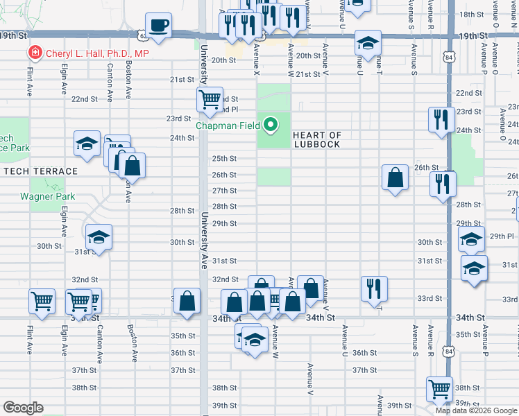map of restaurants, bars, coffee shops, grocery stores, and more near 2314 29th Street in Lubbock