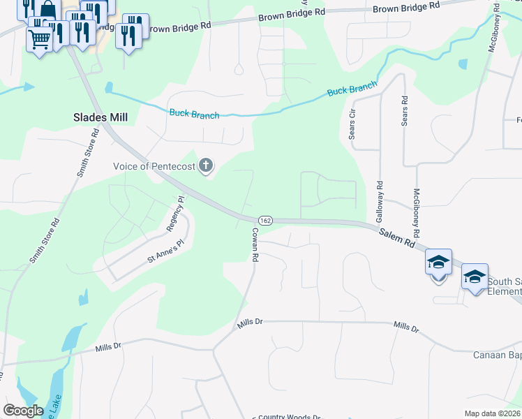 map of restaurants, bars, coffee shops, grocery stores, and more near 30 Old Oak Court in Covington