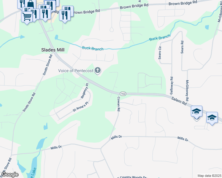 map of restaurants, bars, coffee shops, grocery stores, and more near 15 Oaks Landing Drive in Covington