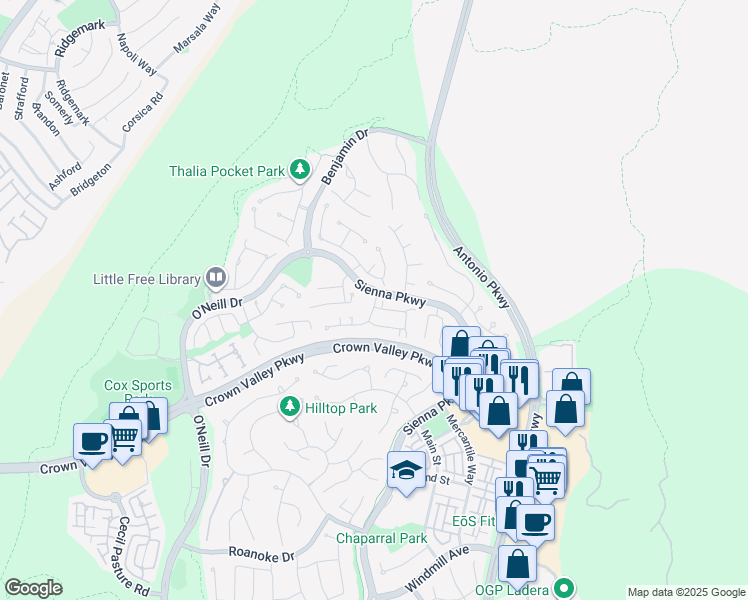 map of restaurants, bars, coffee shops, grocery stores, and more near 62 Iron Horse Trail in Ladera Ranch