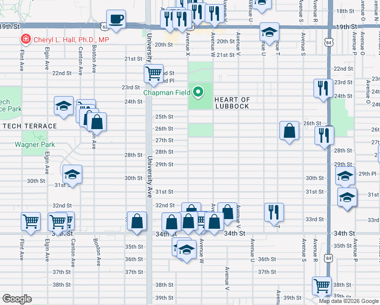 map of restaurants, bars, coffee shops, grocery stores, and more near 2314 29th Street in Lubbock