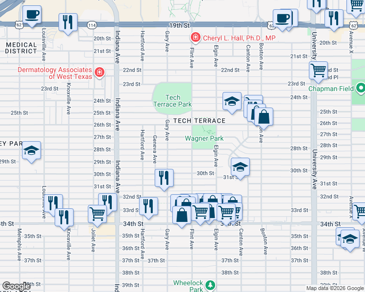 map of restaurants, bars, coffee shops, grocery stores, and more near 3101 28th Street in Lubbock