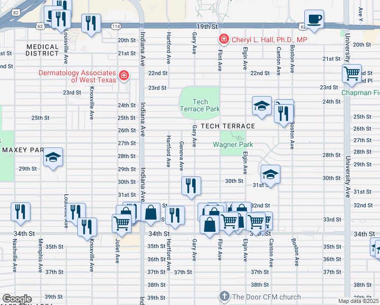 map of restaurants, bars, coffee shops, grocery stores, and more near 3207 28th Street in Lubbock