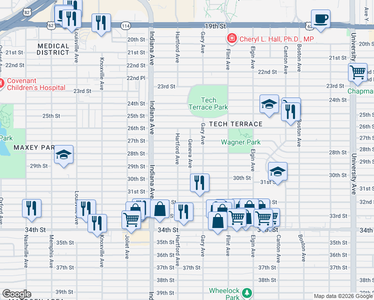 map of restaurants, bars, coffee shops, grocery stores, and more near 3207 28th Street in Lubbock