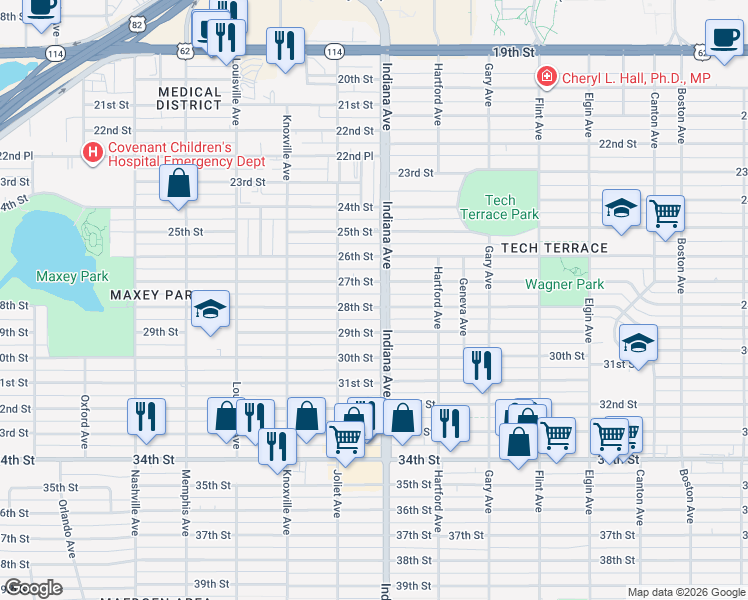 map of restaurants, bars, coffee shops, grocery stores, and more near 3406 28th Street in Lubbock