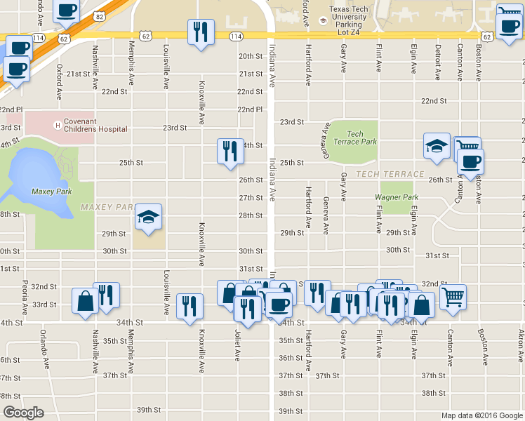 map of restaurants, bars, coffee shops, grocery stores, and more near 3411 28th Street in Lubbock