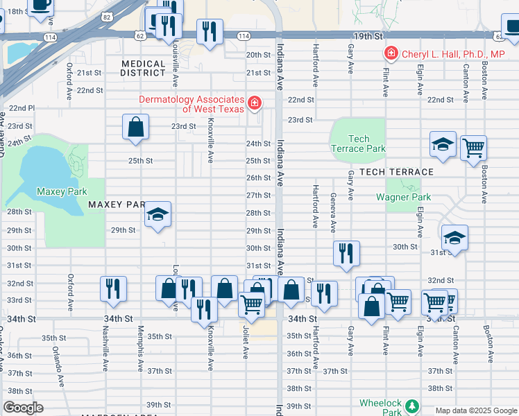 map of restaurants, bars, coffee shops, grocery stores, and more near 3411 28th Street in Lubbock