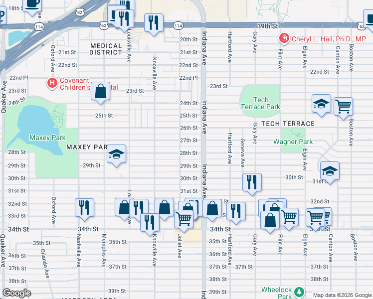 map of restaurants, bars, coffee shops, grocery stores, and more near 3416 28th Street in Lubbock