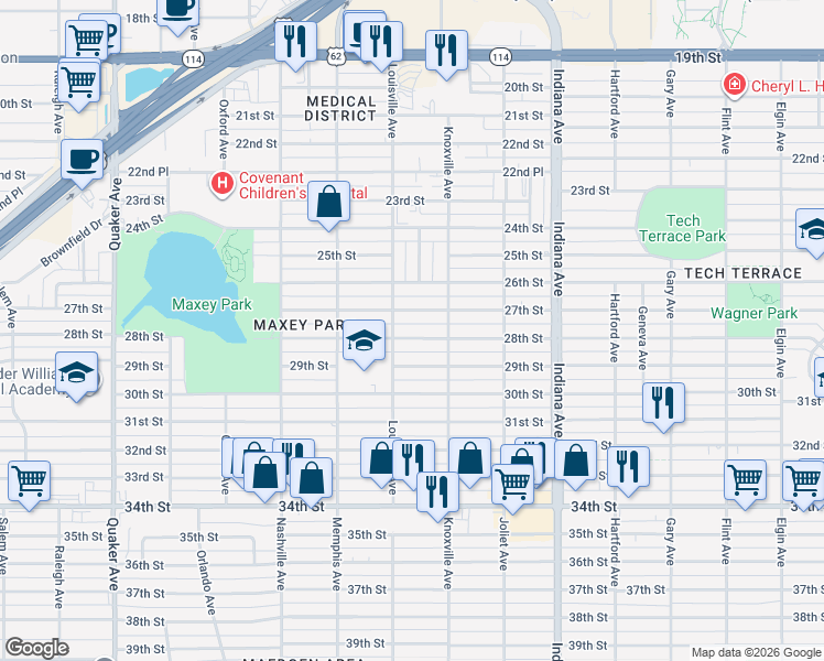 map of restaurants, bars, coffee shops, grocery stores, and more near 3611 28th Street in Lubbock