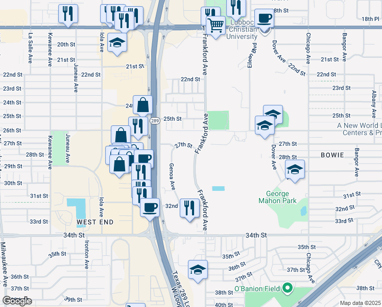 map of restaurants, bars, coffee shops, grocery stores, and more near 2702 Frankford Avenue in Lubbock