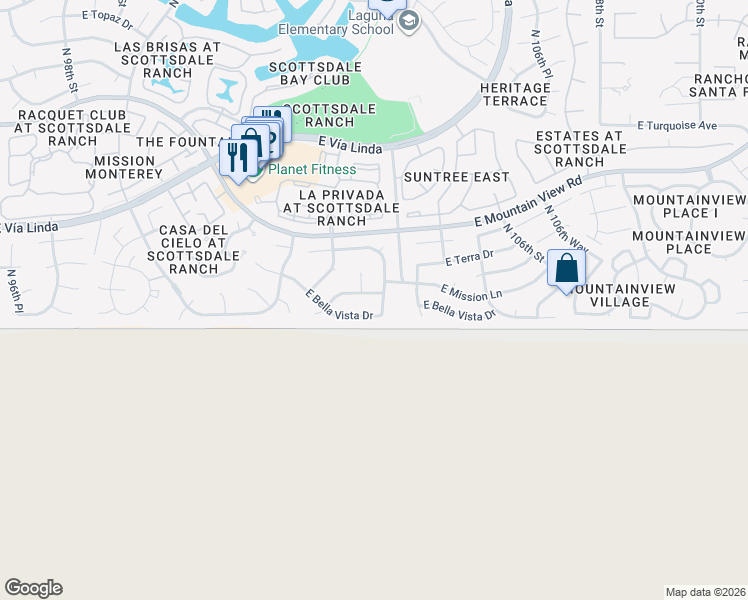 map of restaurants, bars, coffee shops, grocery stores, and more near 10306 East Bella Vista Drive in Scottsdale