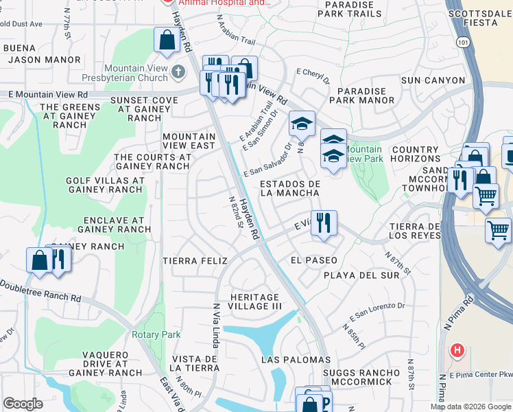 map of restaurants, bars, coffee shops, grocery stores, and more near 9020 North 83rd Street in Scottsdale