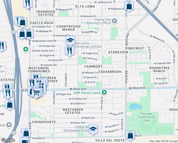 map of restaurants, bars, coffee shops, grocery stores, and more near 8609 West Mission Lane in Peoria