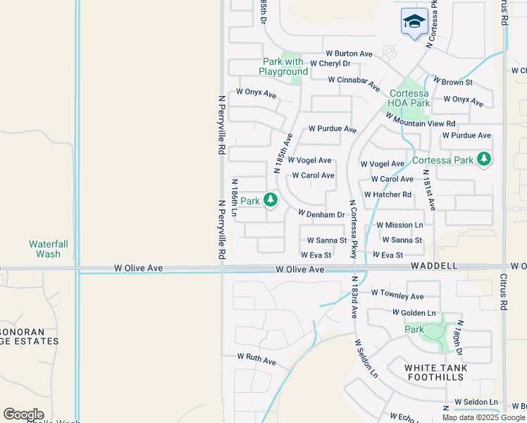 map of restaurants, bars, coffee shops, grocery stores, and more near 18604 West Mission Lane in Waddell