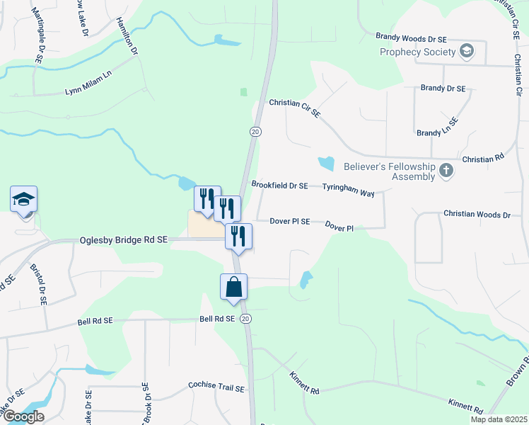 map of restaurants, bars, coffee shops, grocery stores, and more near 1205 Dover Place Southeast in Conyers