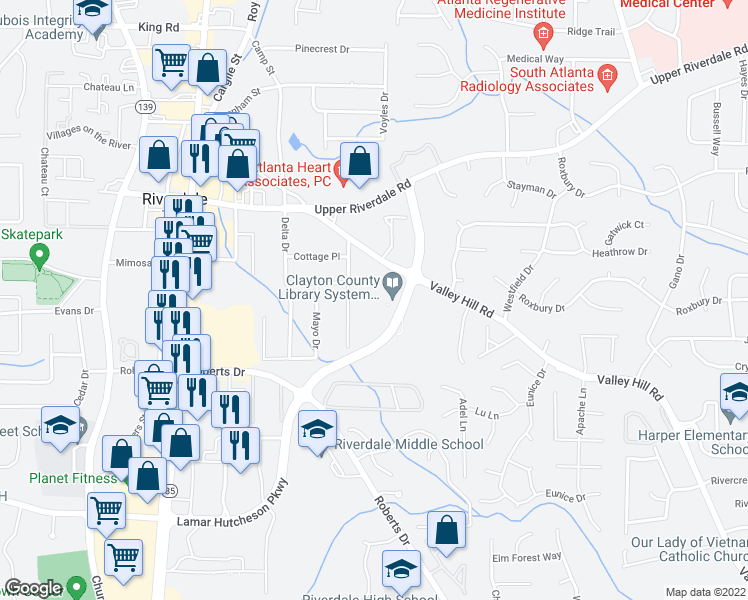 map of restaurants, bars, coffee shops, grocery stores, and more near 6824 East Sherwood Drive in Riverdale