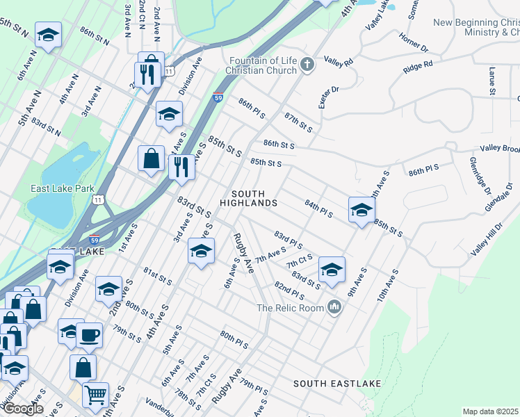 map of restaurants, bars, coffee shops, grocery stores, and more near 527 83rd Place South in Birmingham