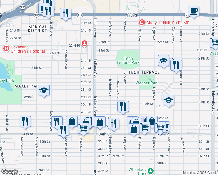 map of restaurants, bars, coffee shops, grocery stores, and more near 3303 28th Street in Lubbock