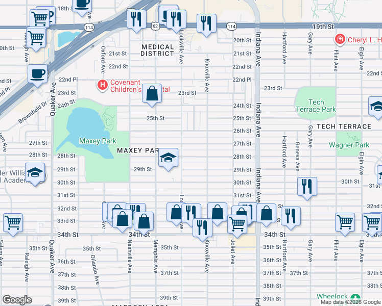 map of restaurants, bars, coffee shops, grocery stores, and more near 3611 28th Street in Lubbock