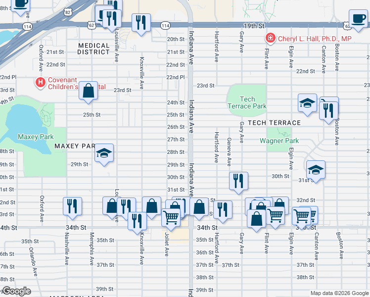 map of restaurants, bars, coffee shops, grocery stores, and more near 3411 28th Street in Lubbock