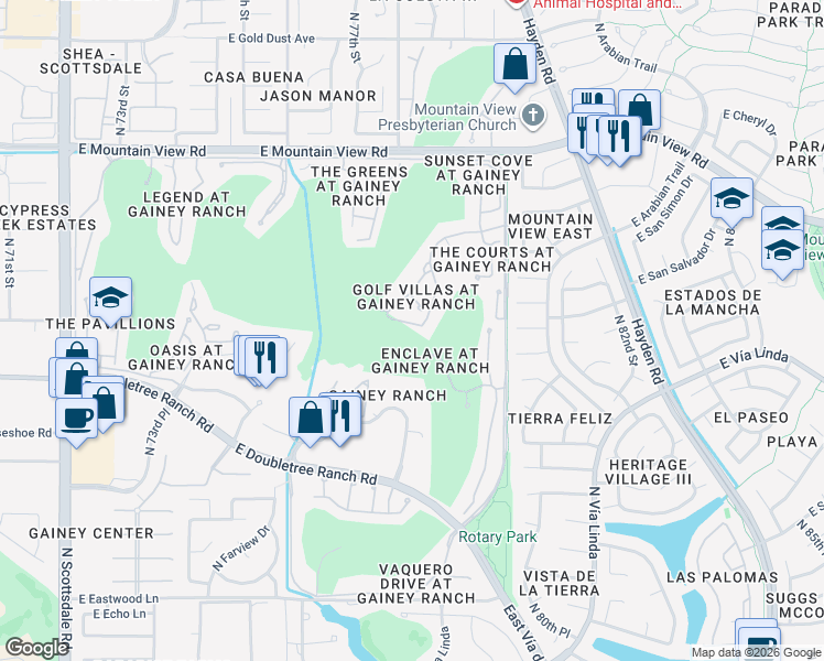 map of restaurants, bars, coffee shops, grocery stores, and more near 7878 East Gainey Ranch Road in Scottsdale