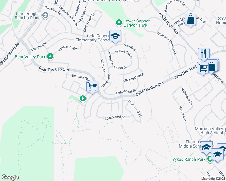 map of restaurants, bars, coffee shops, grocery stores, and more near 23738 Pepperleaf Street in Murrieta