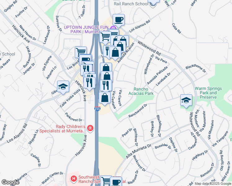 map of restaurants, bars, coffee shops, grocery stores, and more near 39782 Via Castana in Murrieta