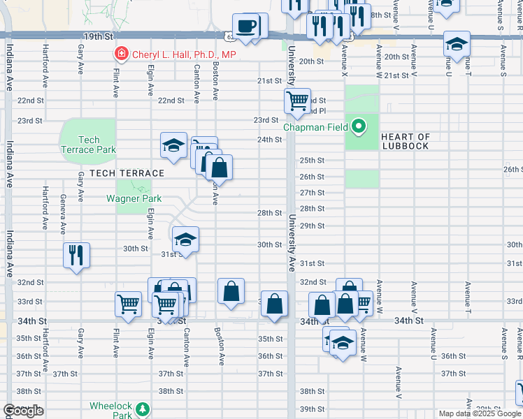 map of restaurants, bars, coffee shops, grocery stores, and more near 2601 28th Street in Lubbock