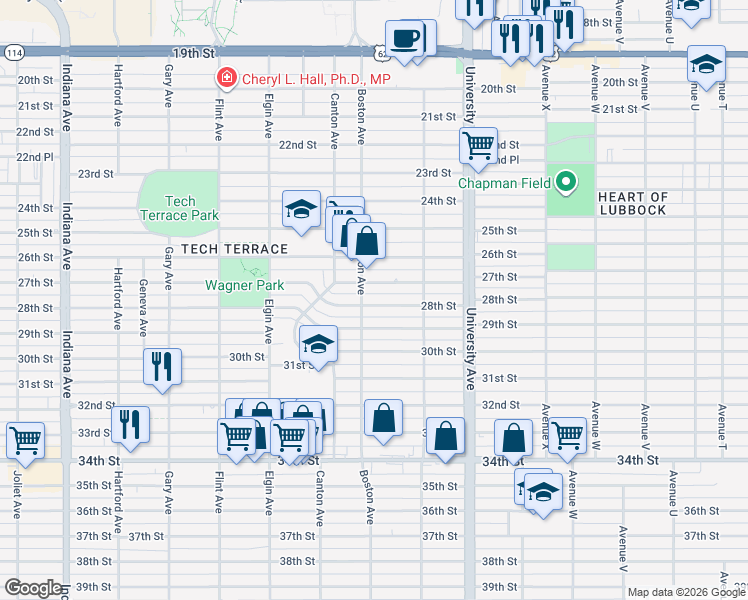 map of restaurants, bars, coffee shops, grocery stores, and more near 2615 28th Street in Lubbock