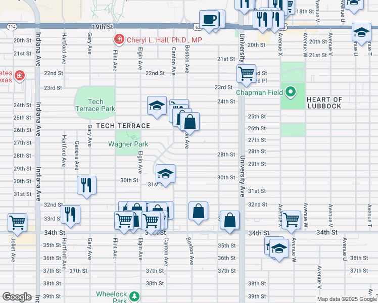 map of restaurants, bars, coffee shops, grocery stores, and more near 2703 28th Street in Lubbock