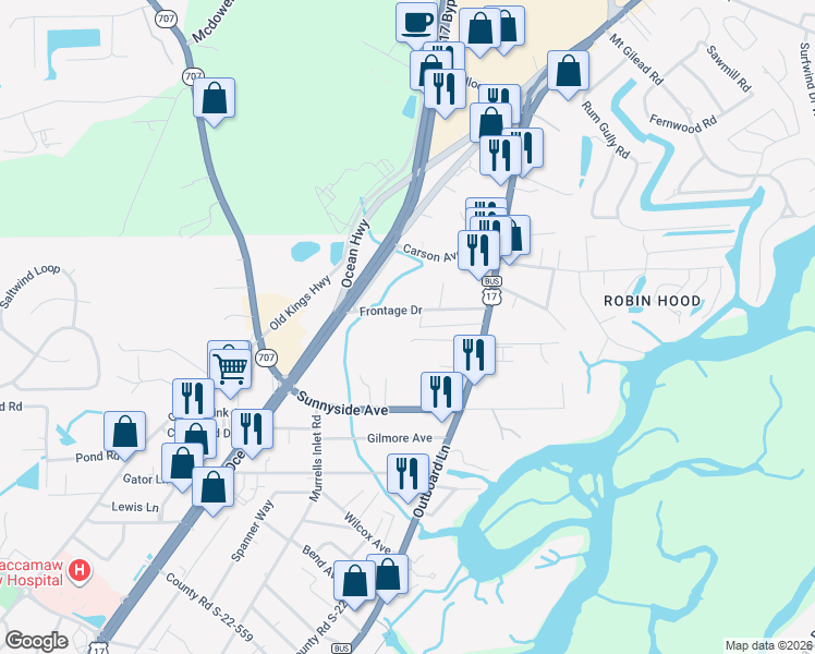 map of restaurants, bars, coffee shops, grocery stores, and more near 680 Eden Avenue in Murrells Inlet