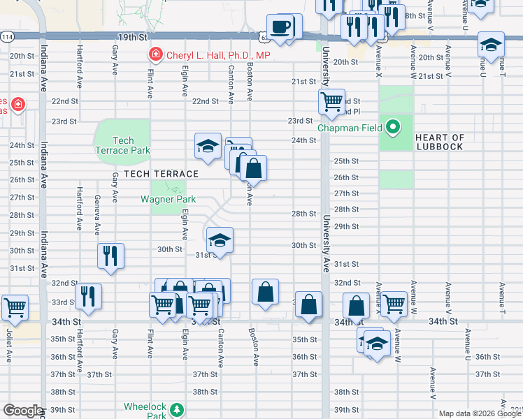 map of restaurants, bars, coffee shops, grocery stores, and more near 2620 28th Street in Lubbock