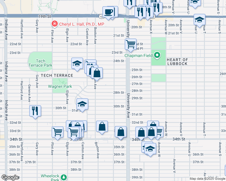 map of restaurants, bars, coffee shops, grocery stores, and more near 2601 28th Street in Lubbock