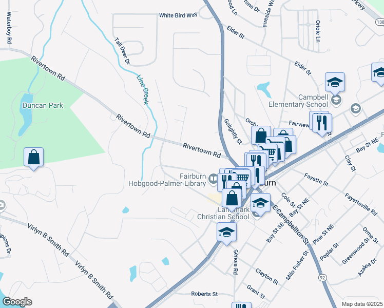 map of restaurants, bars, coffee shops, grocery stores, and more near 174 RiverTown Road in Fairburn