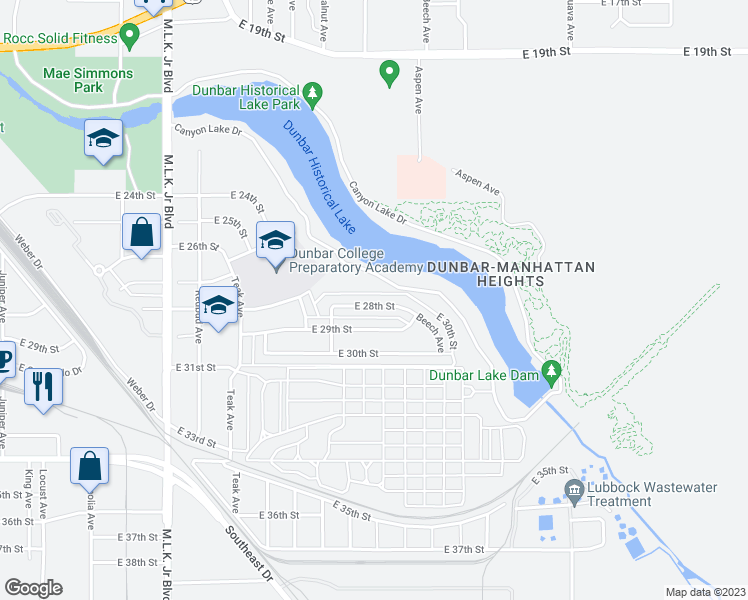 map of restaurants, bars, coffee shops, grocery stores, and more near 2419 East 28th Street in Lubbock
