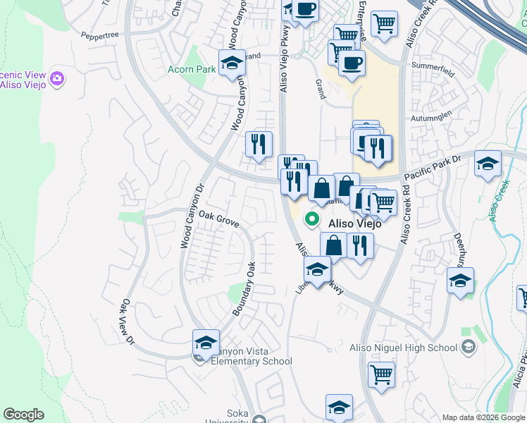map of restaurants, bars, coffee shops, grocery stores, and more near 14 Pacific Grove Drive in Aliso Viejo