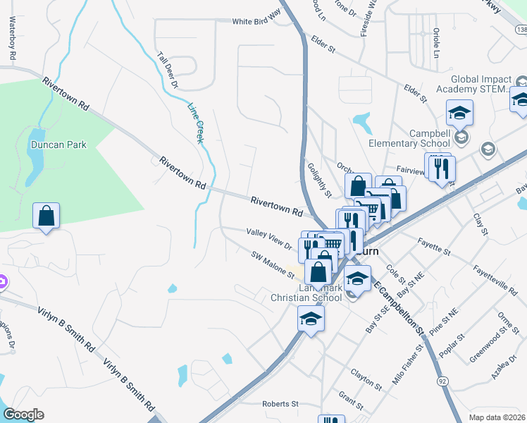 map of restaurants, bars, coffee shops, grocery stores, and more near 174 RiverTown Road in Fairburn
