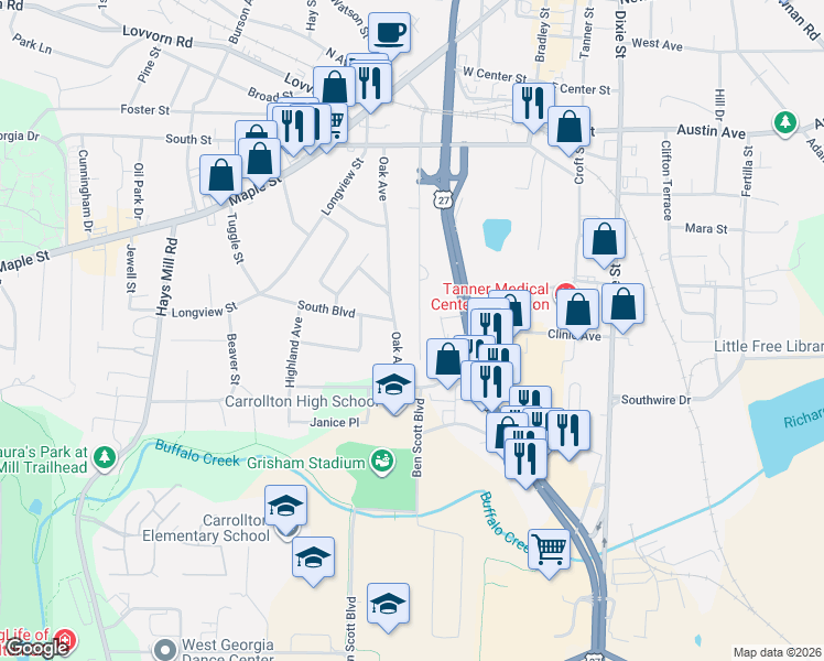 map of restaurants, bars, coffee shops, grocery stores, and more near 348 Kramer Street in Carrollton
