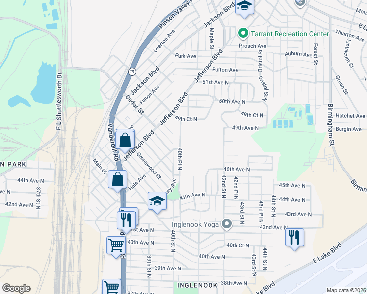 map of restaurants, bars, coffee shops, grocery stores, and more near 4541 40th Place North in Birmingham