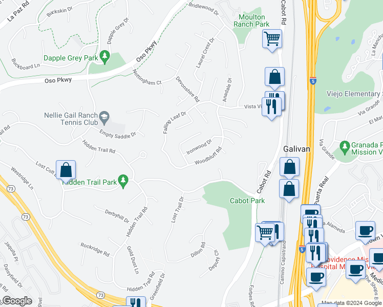 map of restaurants, bars, coffee shops, grocery stores, and more near 27096 Ironwood Drive in Laguna Hills