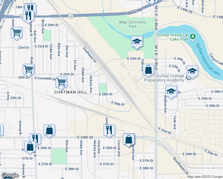 map of restaurants, bars, coffee shops, grocery stores, and more near 1042 East 28th Street in Lubbock