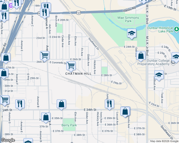 map of restaurants, bars, coffee shops, grocery stores, and more near 702 East 28th Street in Lubbock
